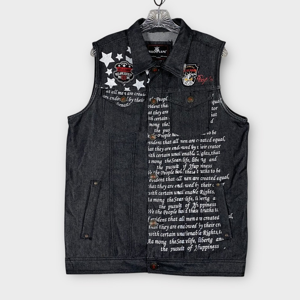 Red Ape Society Denim‎ Vest Mens Medium Statue Liberty Stars Streetwear Patch
